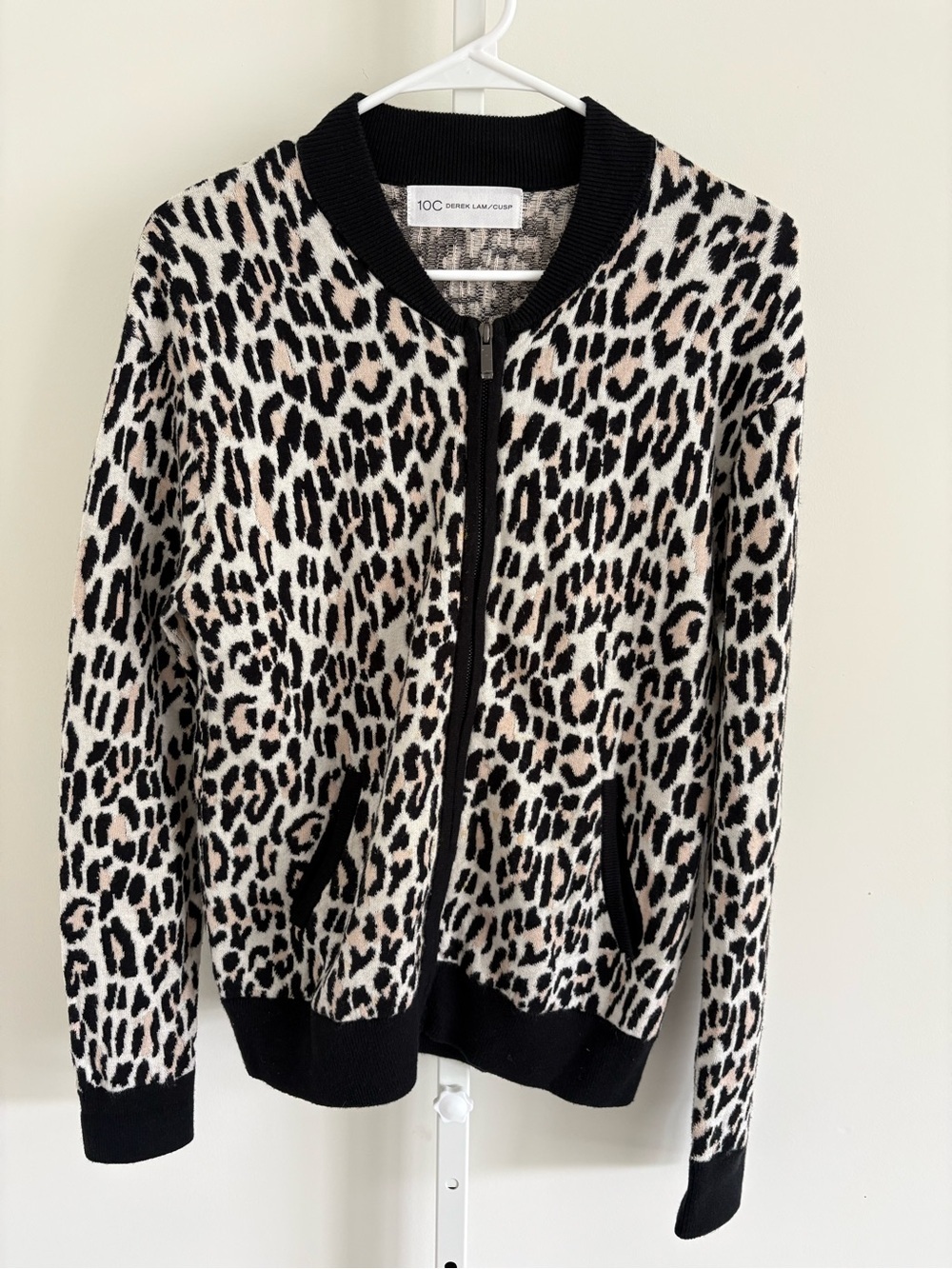 Derek Lam 10 Crosby Leopard Print Zip Front Cashmere Blend Cardigan